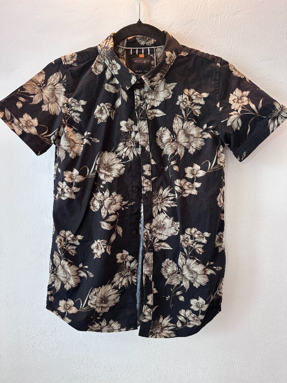 Denim & Flower Black Beige Floral Short Sleeve Button Down 13/14 XS